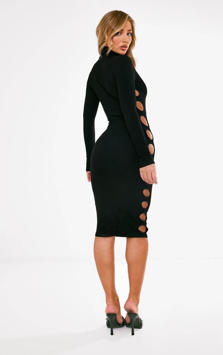 Black Heavy Rib Cutout High Neck Long Sleeve Bodycon Dress Product Image