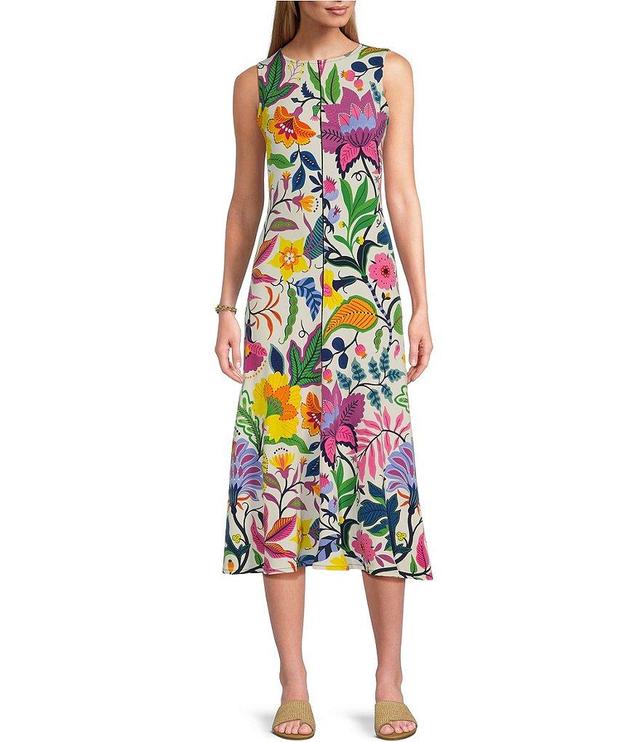 Eva Varro Mixed Floral Print Knit Jersey Round Neck Sleeveless A-Line Midi Dress Product Image