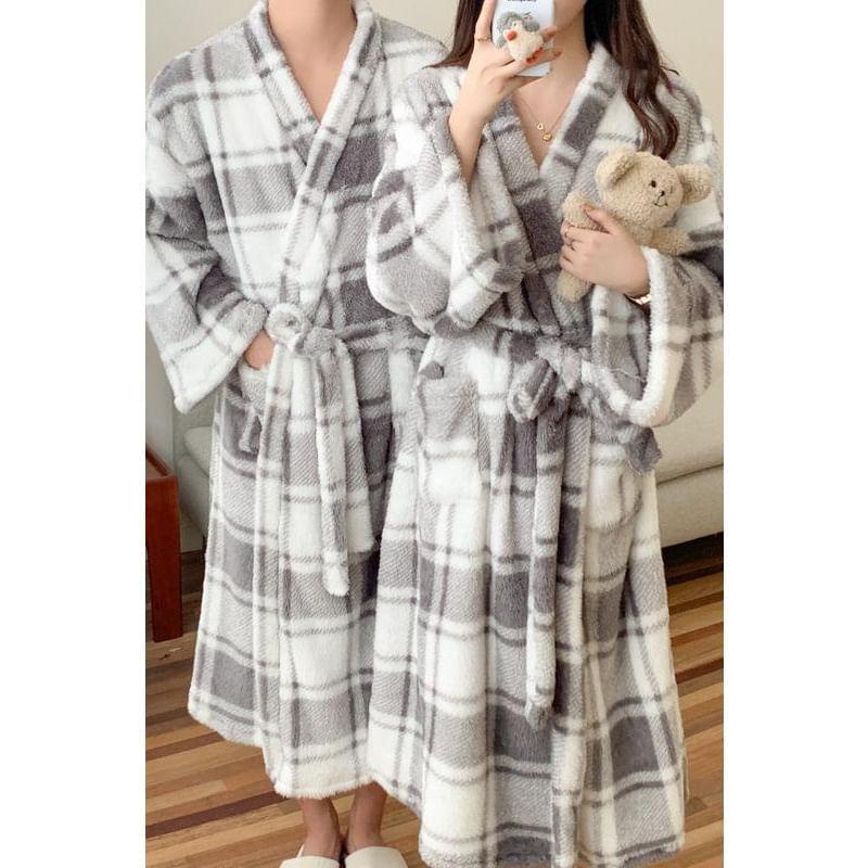 Couple Matching V-Neck Plaid Tie Waist Fleece Pajama Robe Product Image