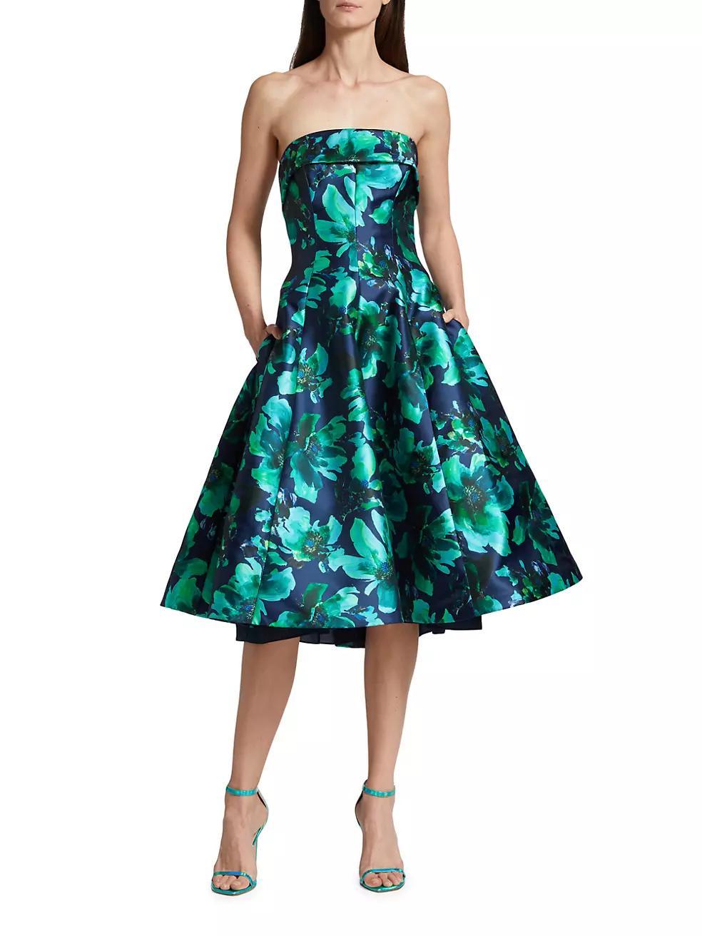 Strapless Floral Satin Midi-Dress Product Image