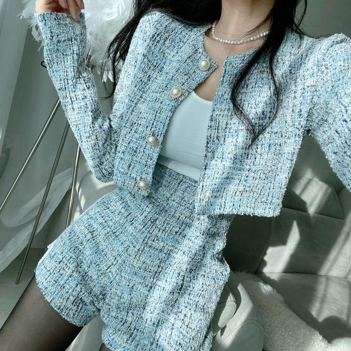 Set: Crew Neck Tweed Crop Button-Up Jacket + High Waist Wide Leg Shorts Product Image