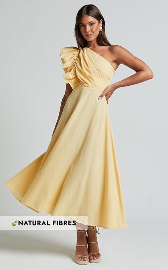 Dixie Midi Dress - Linen Look One Shoulder Ruffle Dress in Lemon Product Image