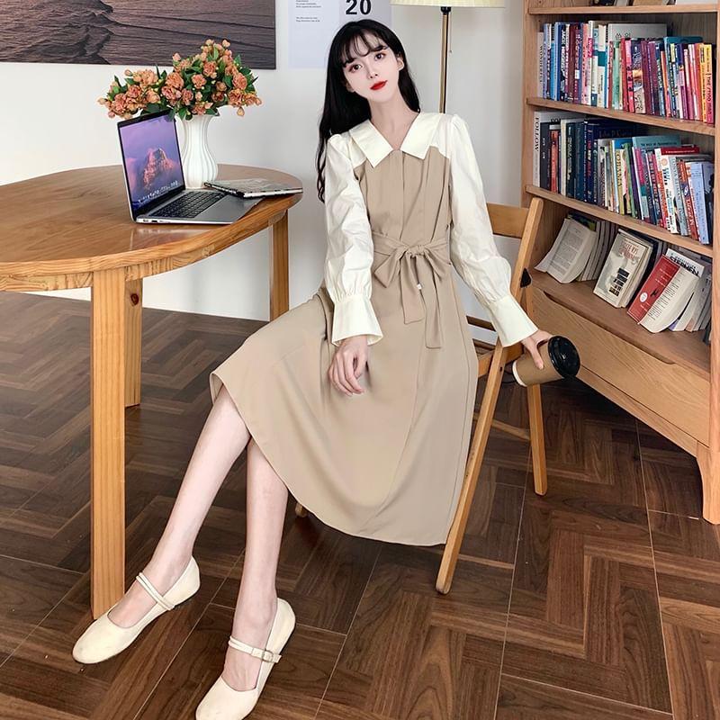 Long-Sleeve Collared Two Tone Midi A-Line Dress Product Image