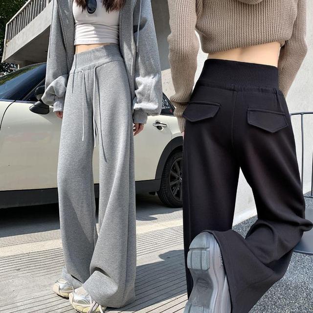 Mid Waist Drawstring Plain Wide-Leg Pants Product Image