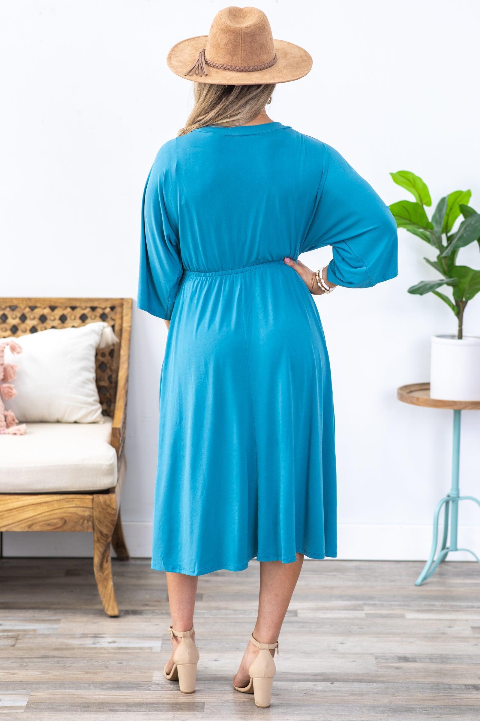 Dusty Teal Surplice Midi Dress Product Image