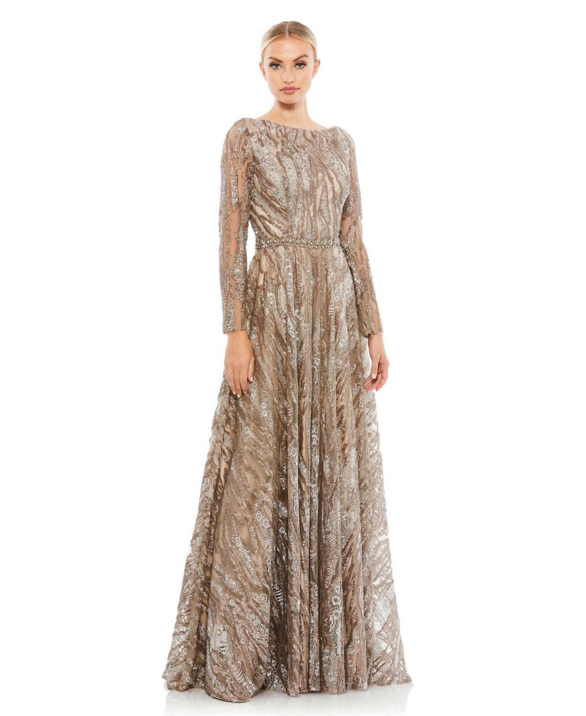 Womens Sequin Long Sleeve Bateau A Line Gown Product Image