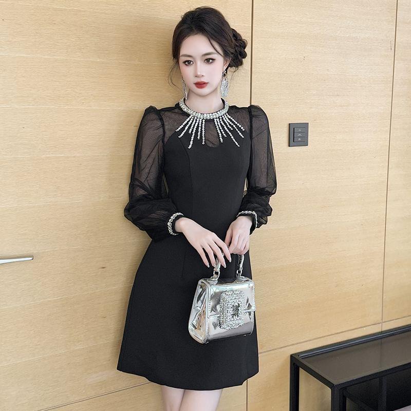 Long-Sleeve Round Neck Rhinestone Mini A-Line Dress Product Image