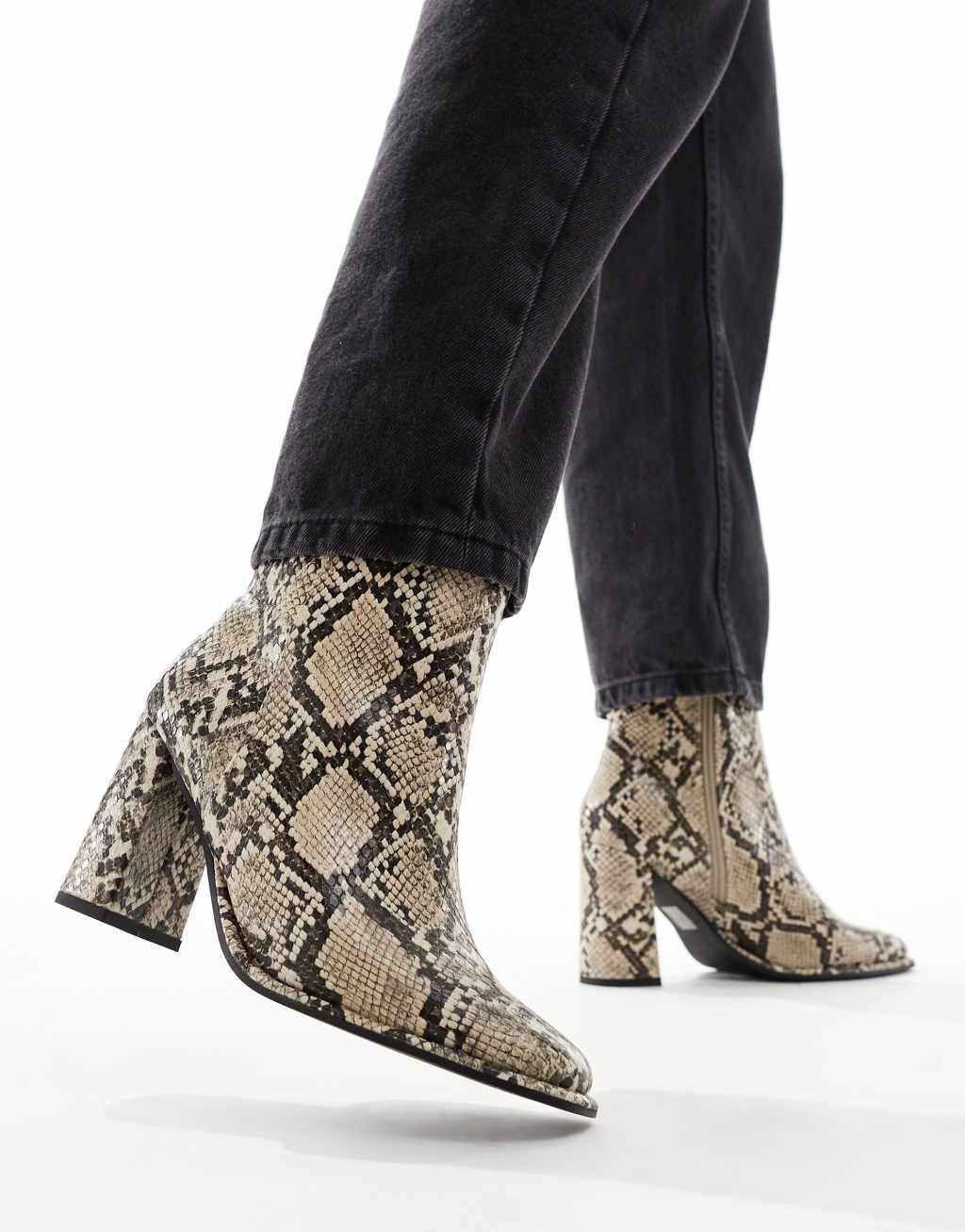 London Rebel Maddie block heel ankle boots in snake  Product Image