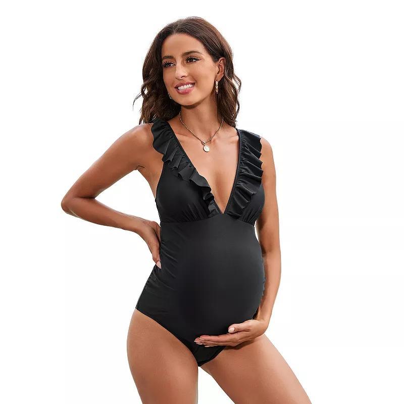 Womens CUPSHE Ruffled Plunge V-Neck Ruched Maternity One-Piece Swimsuit Product Image