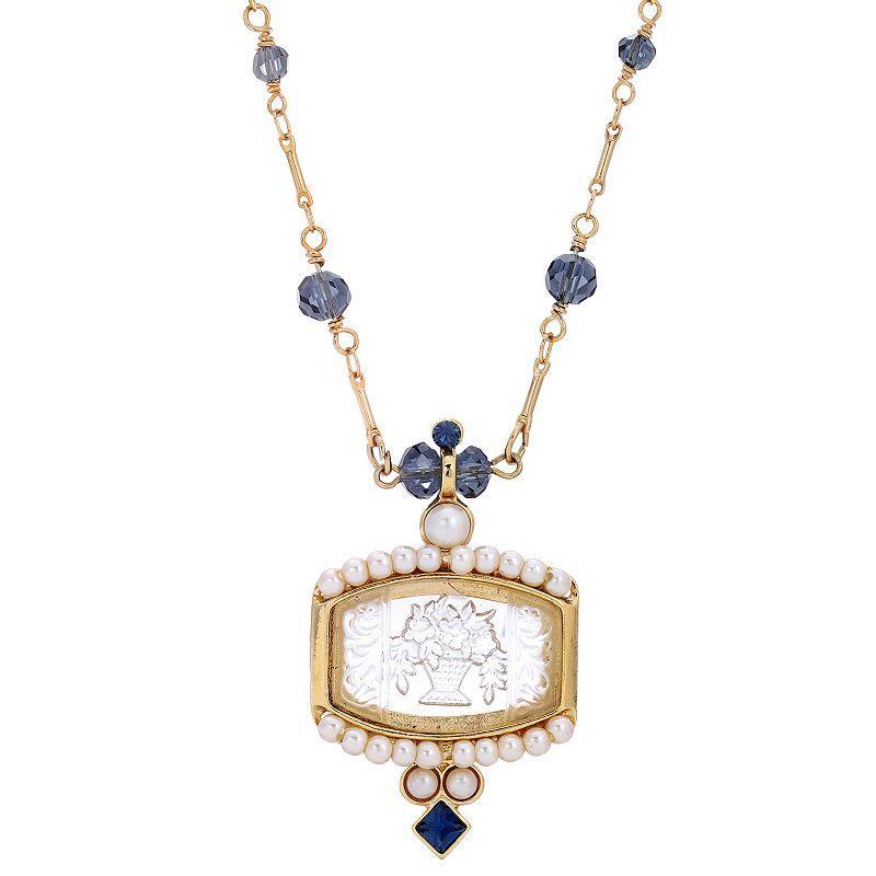 1928 Gold Tone Blue Etched Glass Intaglio Necklace, Womens Product Image