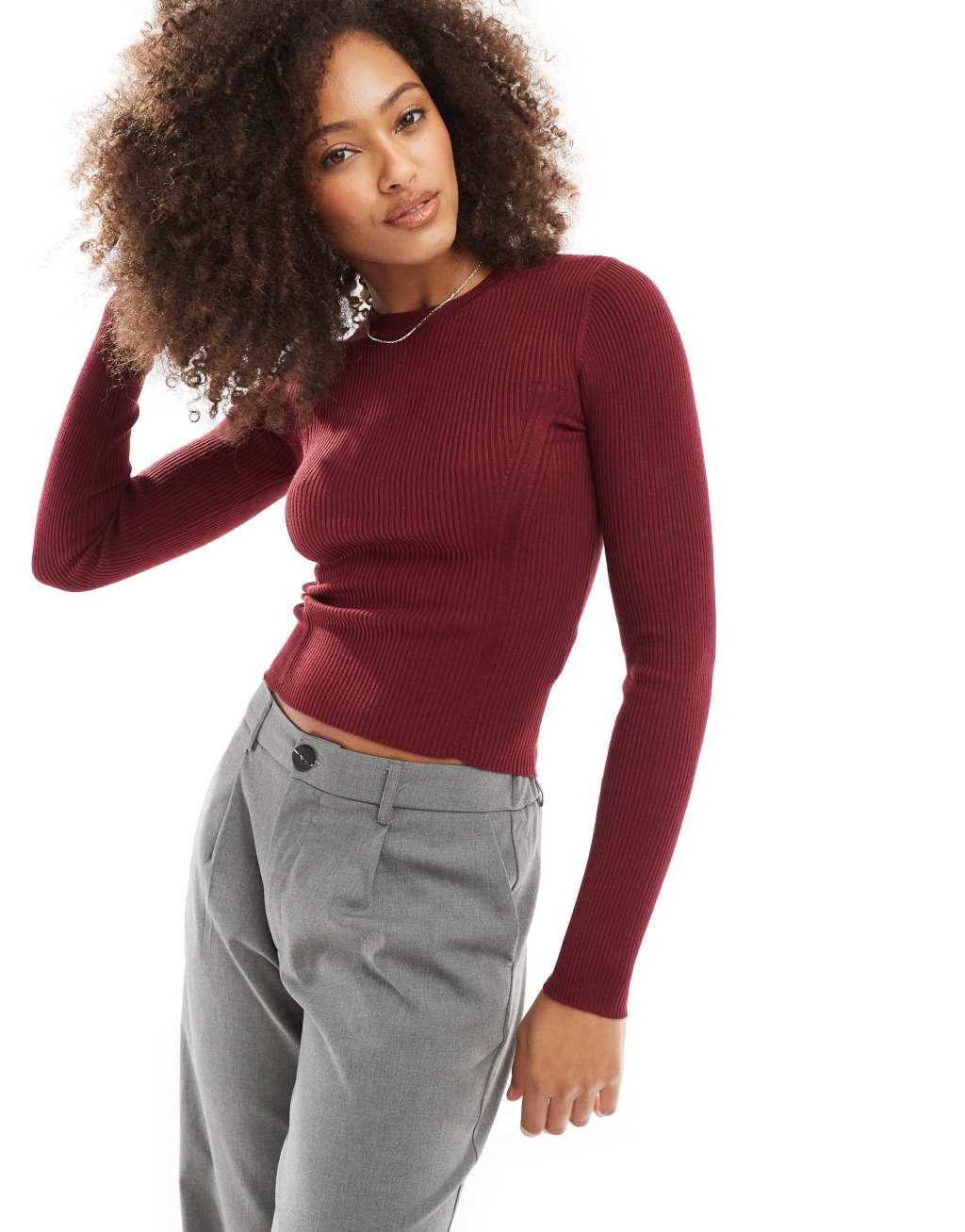 Pull&Bear seam detail ribbed knit top in burgundy Product Image