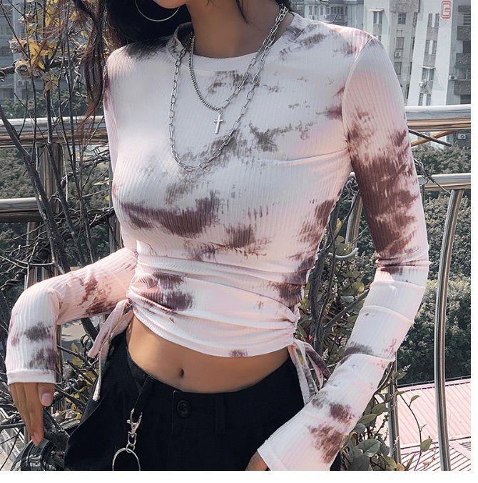 Drawstring Ribbed Long-Sleeve Tie-Dye Crop Top Product Image