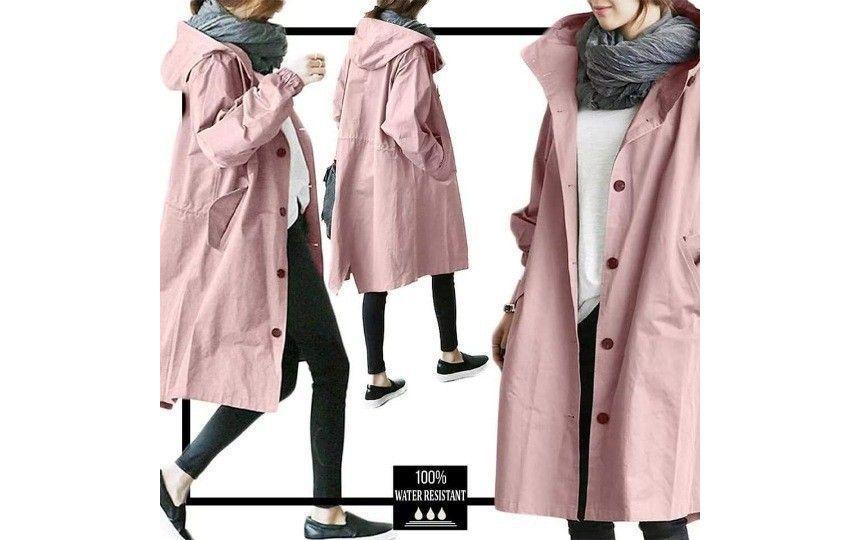 Plain Hooded Long Single-Breasted Trench Jacket Product Image