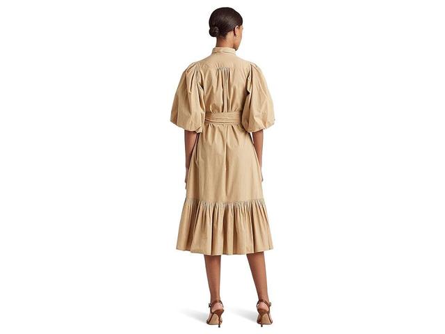 LAUREN Ralph Lauren Belted Broadcloth Bubble-Sleeve Shirtdress (Birch Tan) Women's Clothing Product Image