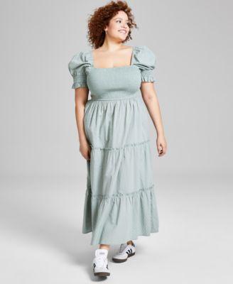 Trendy Plus Size Puff-Sleeve Cotton Tiered Maxi Dress, Created for Macy's  Product Image