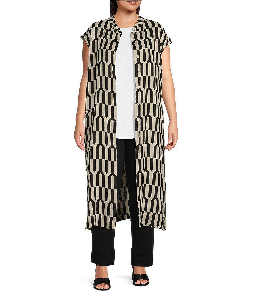 Bryn Walker Keaton Plus Size Linen Geo Stripe Print Mandarin Collar Cap Sleeve Patch Pocket Button-Front Midi Vest Product Image