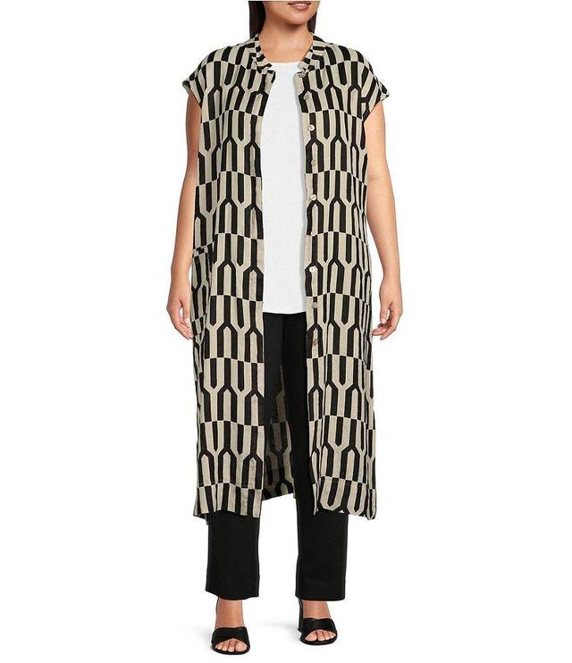 Bryn Walker Keaton Plus Size Linen Geo Stripe Print Mandarin Collar Cap Sleeve Patch Pocket Button-Front Midi Vest Product Image