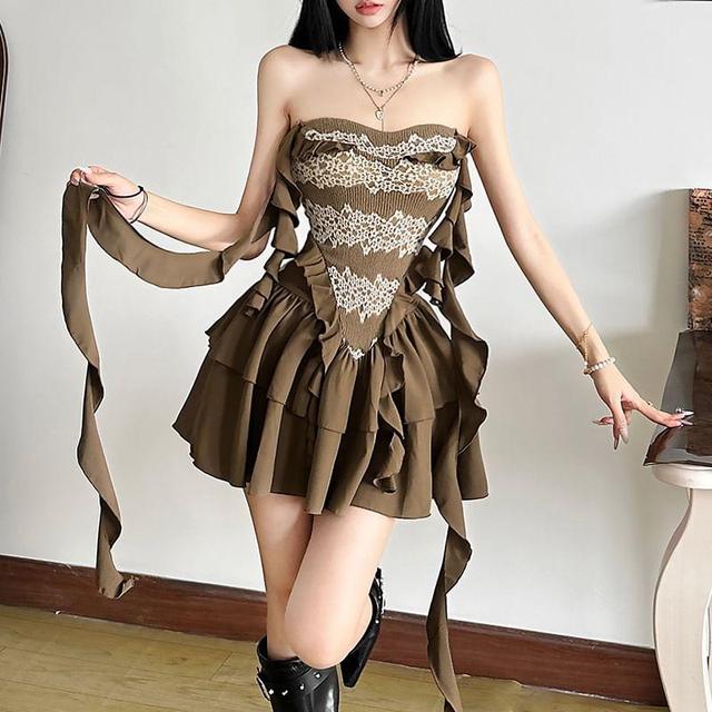 Strapless Lace Panel Ruffle Mini A-Line Layered Dress Product Image