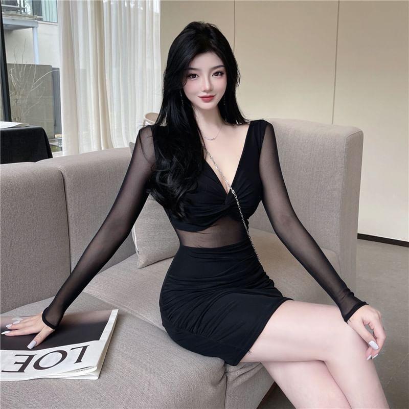 Long Sleeve V-Neck Plain Ruched Panel Mesh Mini Sheath Dress Product Image