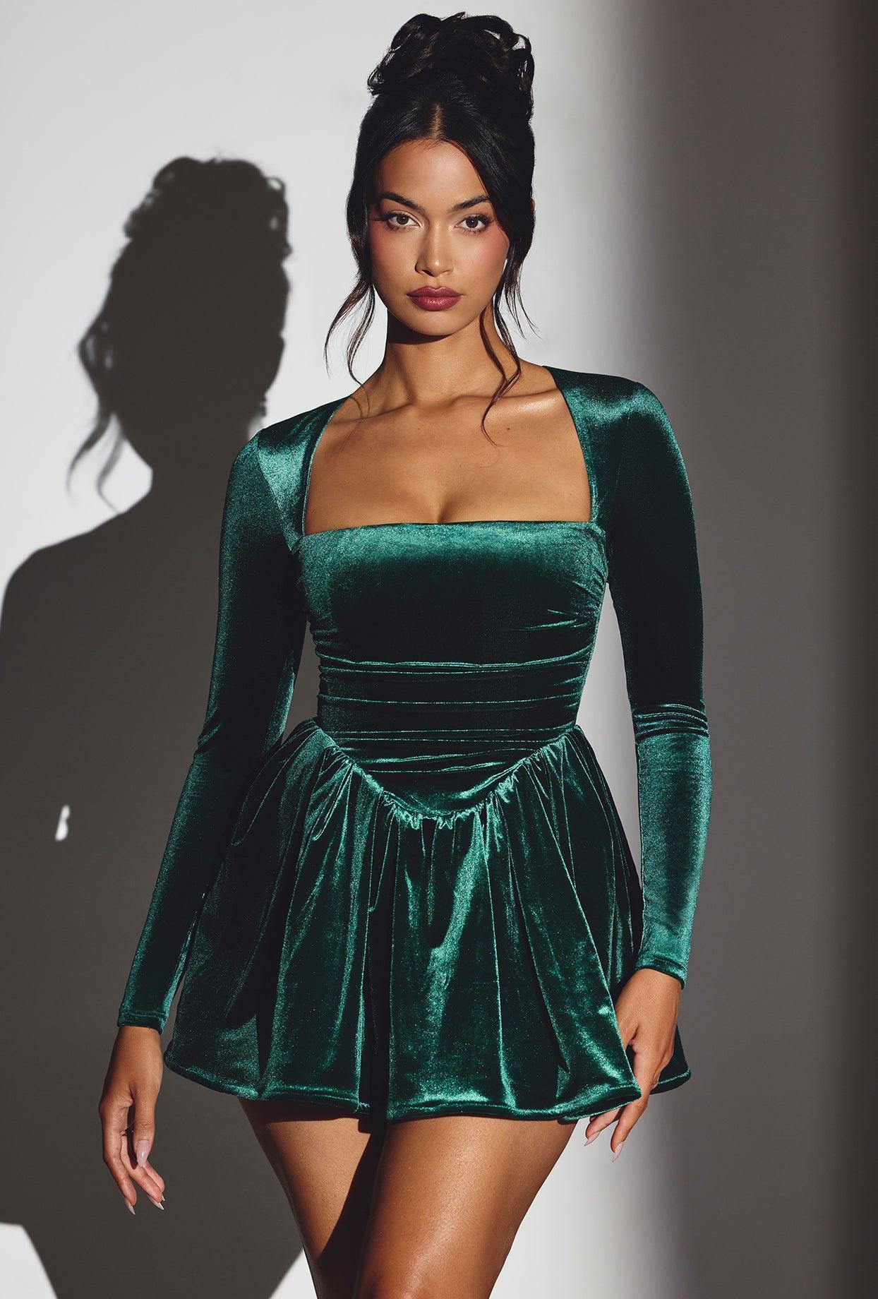 Velvet Long Sleeve Corset Mini Dress in Emerald Green Product Image