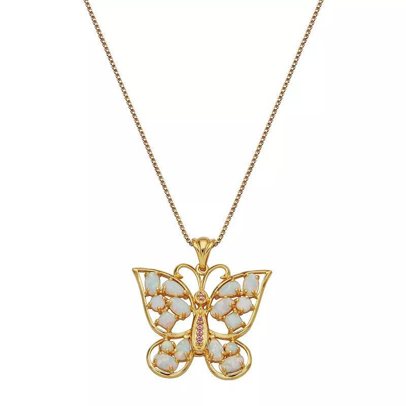 18K Gold Over Silver Created Opal and Created Pink Sapphire Butterfly Pendant, Womens Gold Tone Product Image