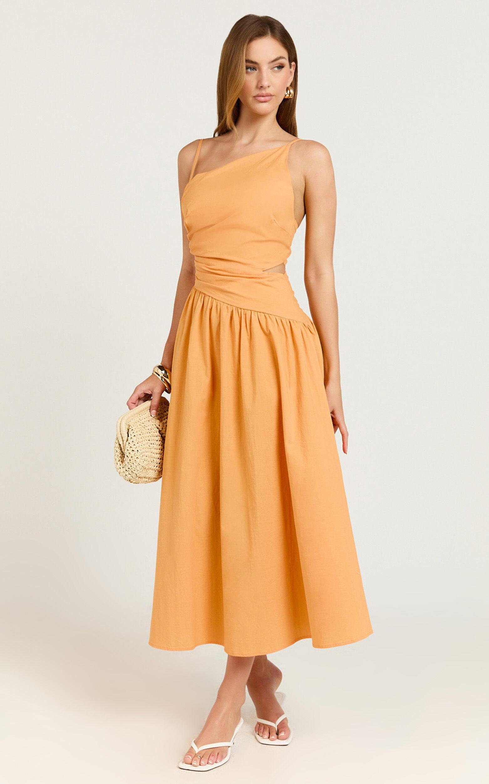 Ebony Midi Dress - Asymmetrical Cut Out Dress in Orange Product Image