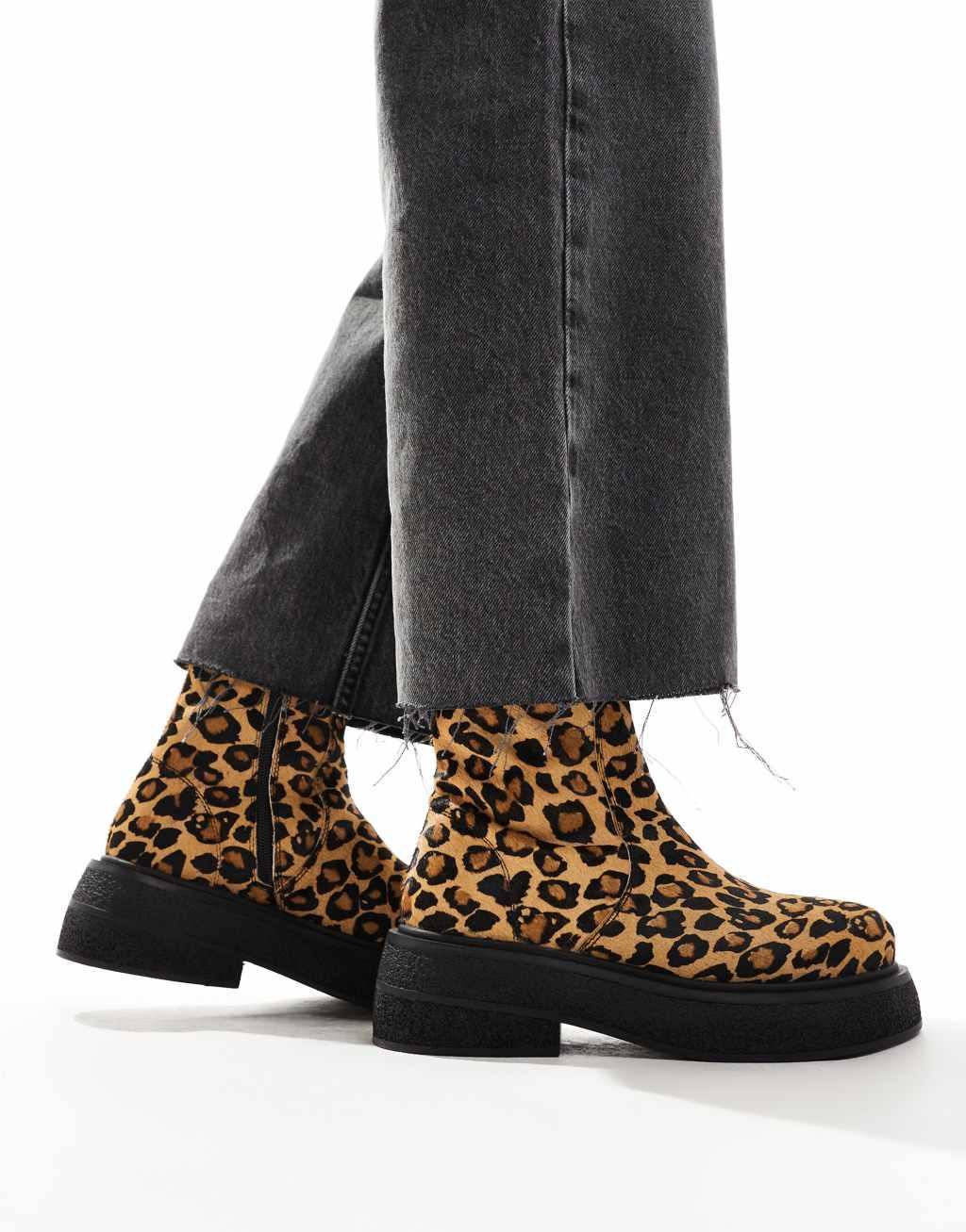 ASOS DESIGN Achieve flat leather boots in leopard  Product Image