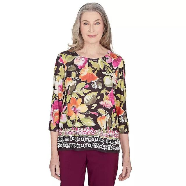 Petite Alfred Dunner Bold Floral Geometric Border Top, Womens Product Image