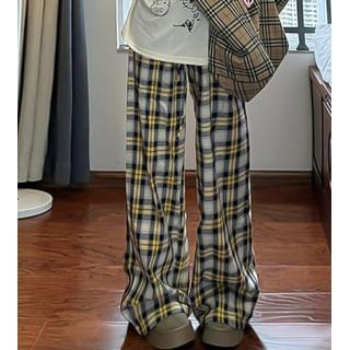 Elastic Waist Plaid Wide Leg Pants Product Image