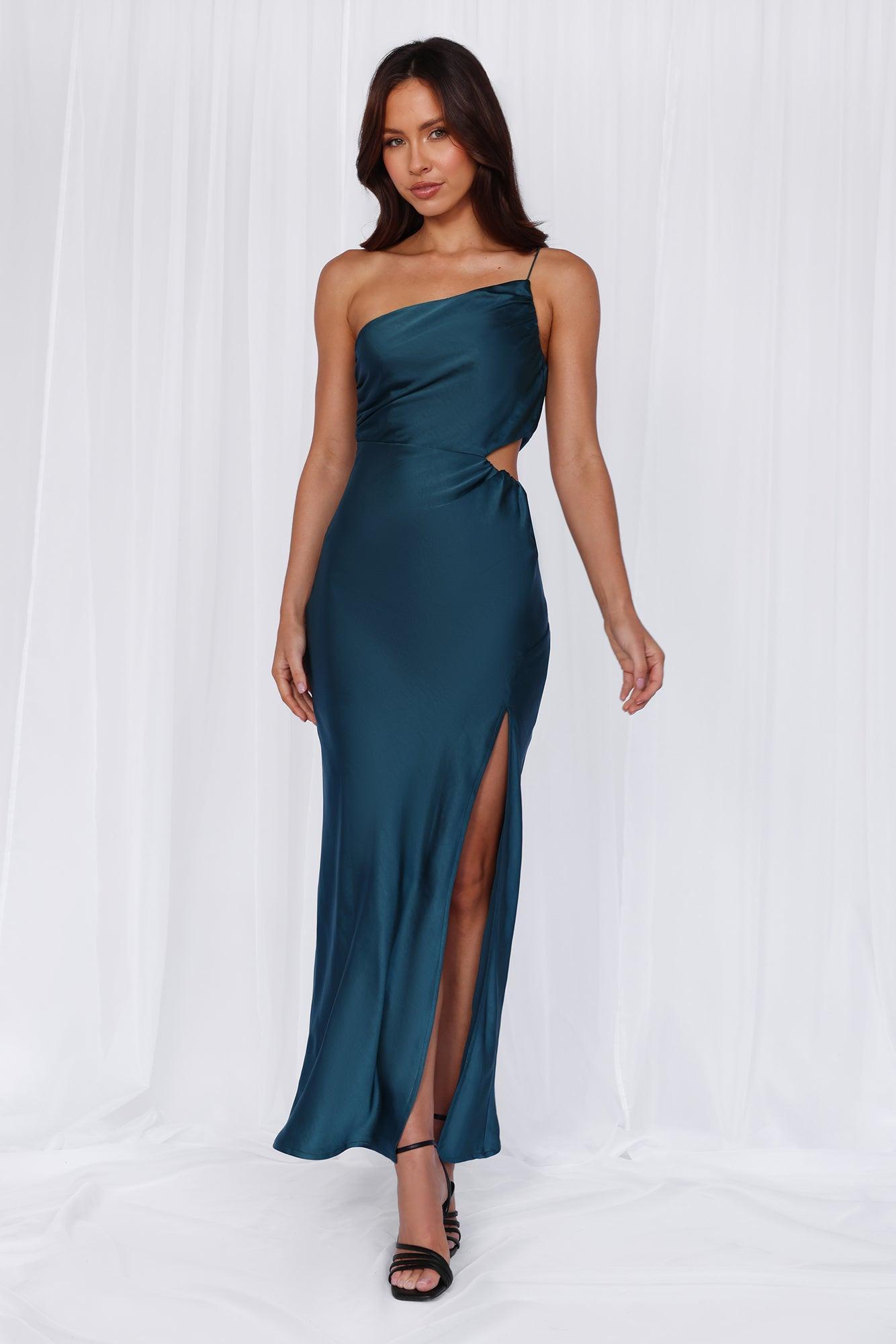 HELLO MOLLY The Opal One Shoulder Satin Maxi Dress Teal Product Image