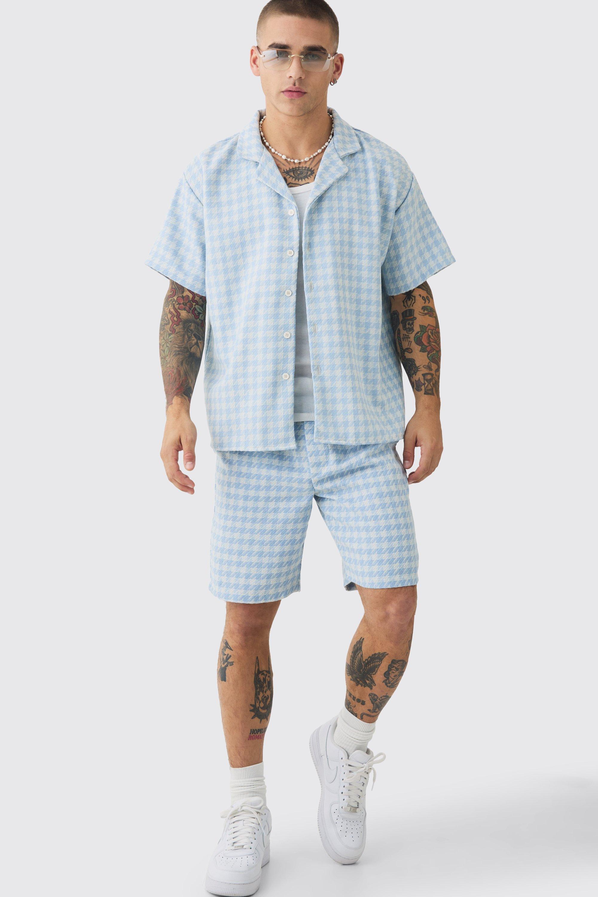 Short Sleeve Boxy Linen Look Houndstooth Shirt & Short | boohooMAN USA Product Image