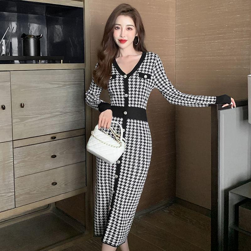 Long Sleeve V-Neck Houndstooth Button Knit Midi Sheath Dress product image