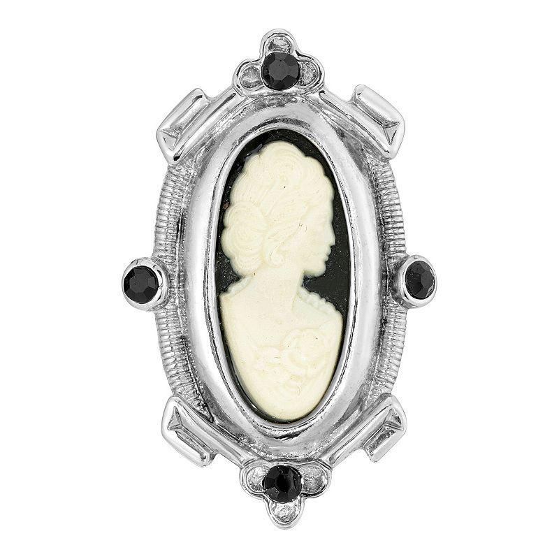 1928 Silver Tone Black & White Oval Cameo Pin, Womens Product Image