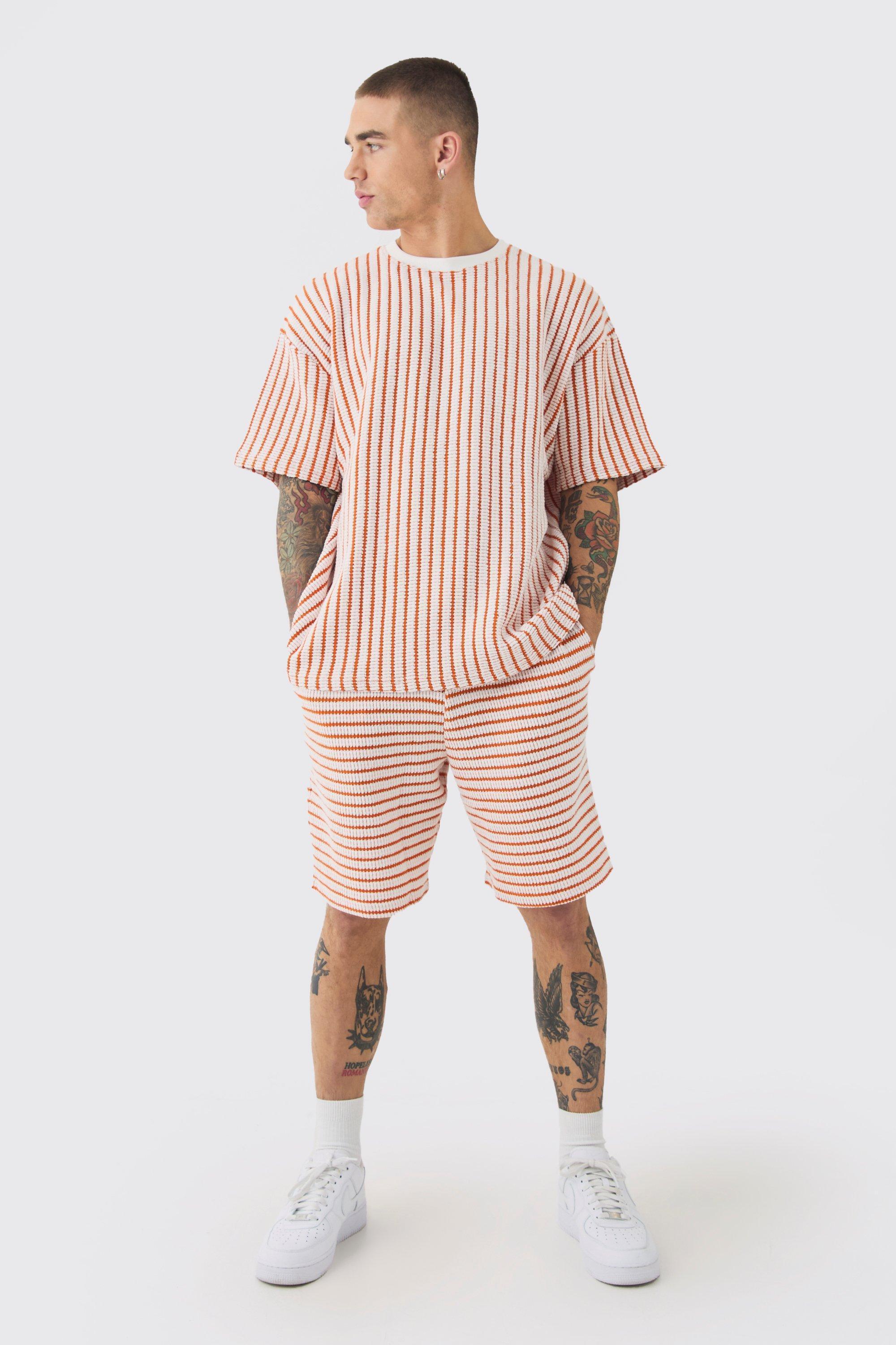 Oversized Striped Textured T-shirt & Short Set | boohooMAN USA Product Image