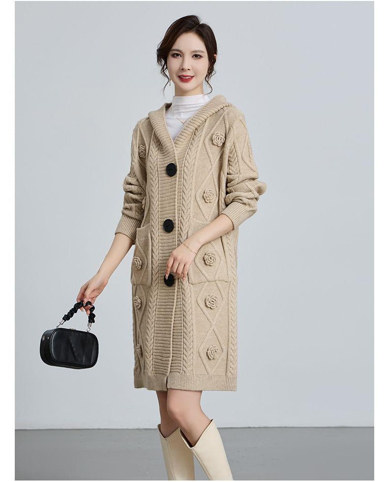 Plain Floral Accent Hooded Cable Knit Button-Up Long Cardigan Product Image