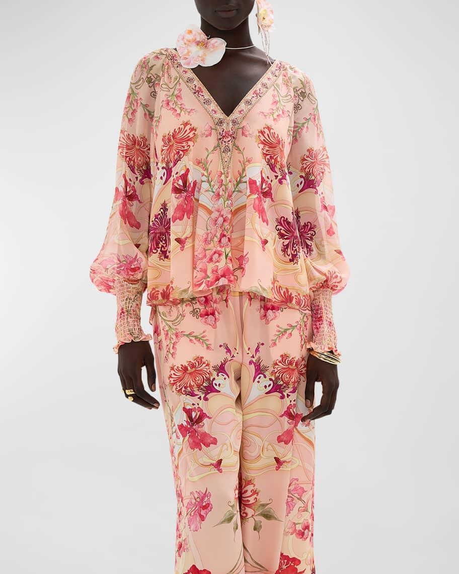 Shirred-Cuff Floral Silk Blouse Product Image