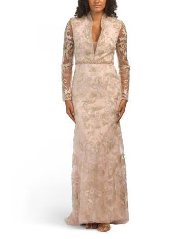 Lace Collared Gown With Illusion Sleeves for Women | Polyester Product Image