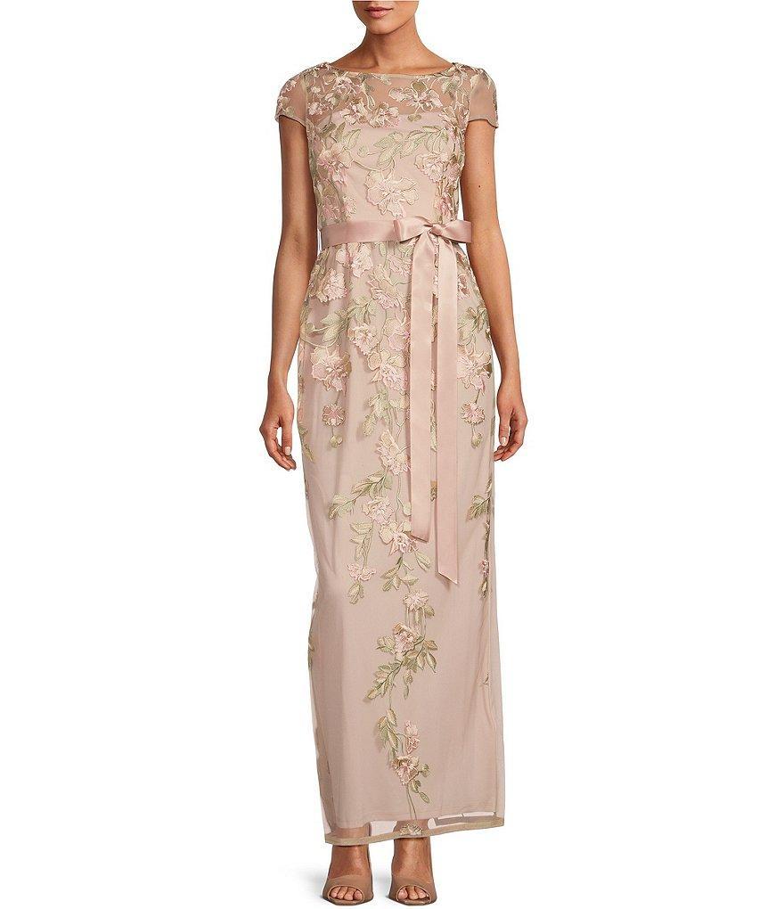 Adrianna Papell Cascading Floral Embroidery Illusion Boat Neck Short Sleeve Gown Product Image