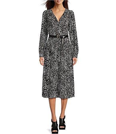 MICHAEL Michael Kors Kate Modern Ocelot Print  V-Neck Belted Long Sleeve Midi Dress Product Image