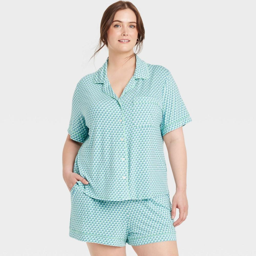 Womens Cloud Knit Short Sleeve Notch Collar Top and Shorts Pajama Set - Auden /Geometric 2X Product Image