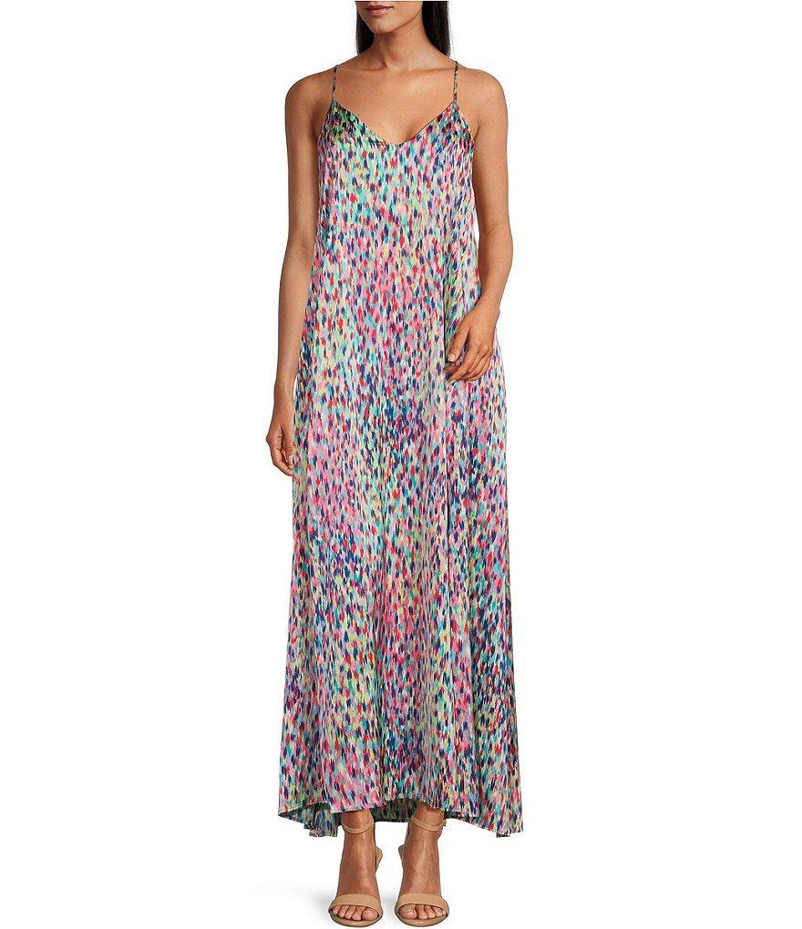 Leslie Fay Sleeveless V-Neck Printed Satin Shift Maxi Dress Product Image