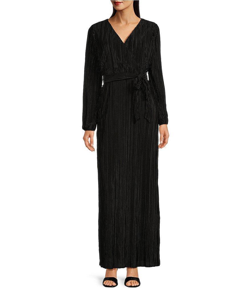 Leslie Fay Surplice V-Neck Long Sleeve Tie Waist A-line Dress Product Image