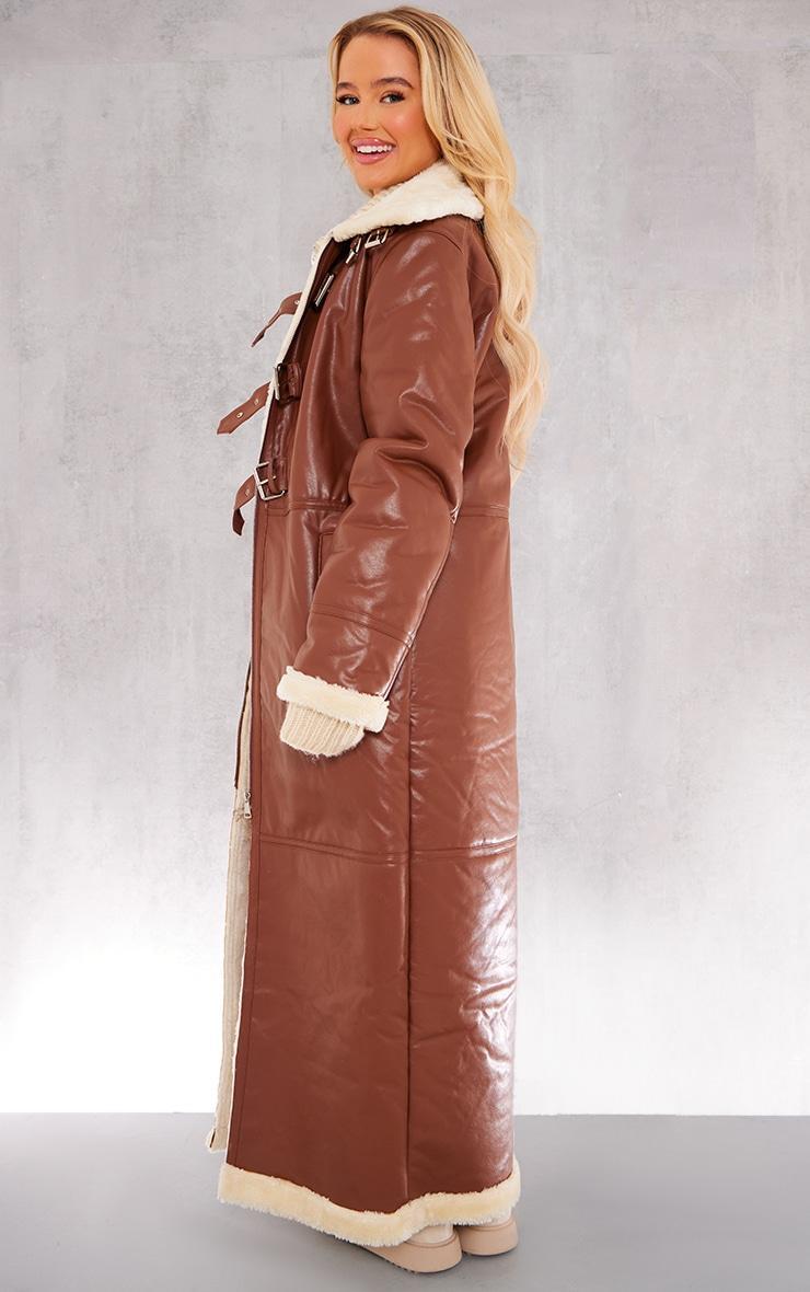 Brown Faux Leather Longline Aviator Belt Detail Coat Product Image