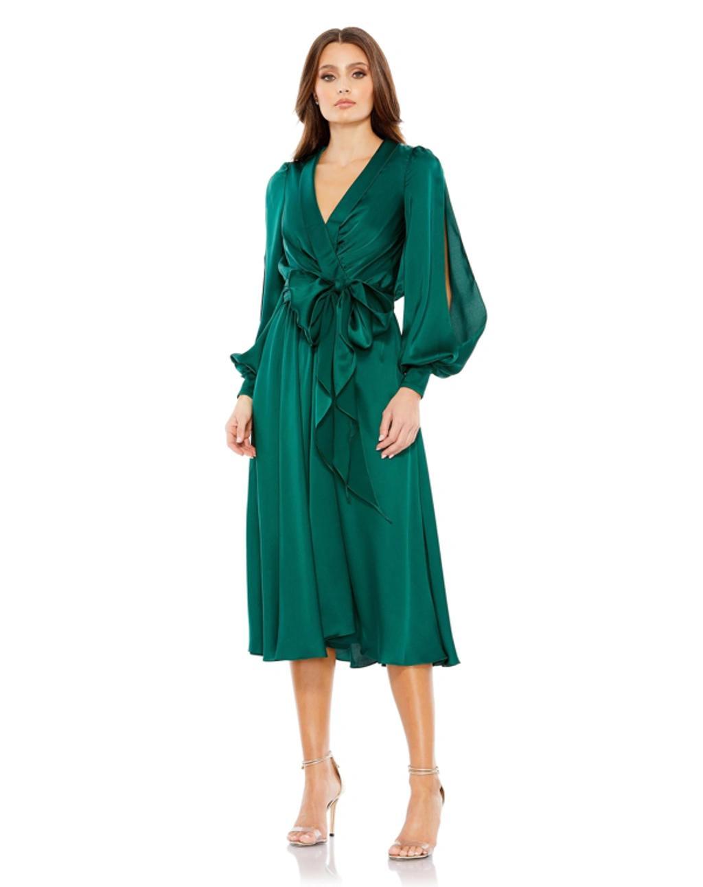 Collared Wrap Bishop Sleeve Dress In Emerald Product Image