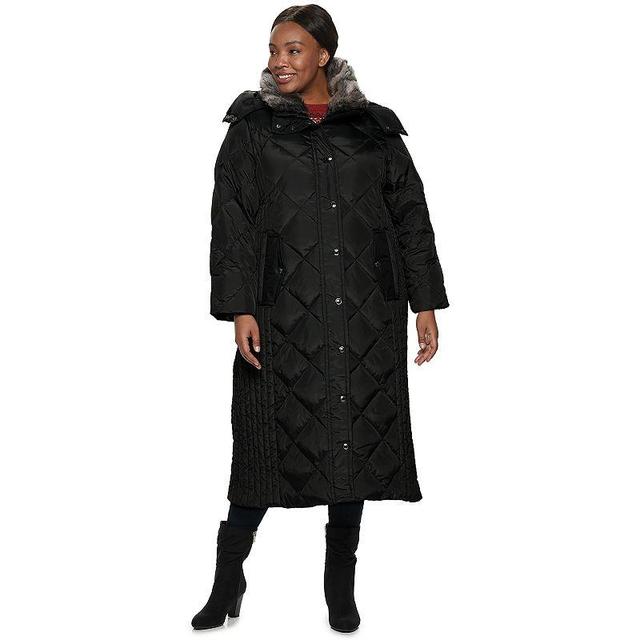 Plus Size TOWER by London Fog Hooded Quilted Puffer Maxi Coat, Womens Black Product Image