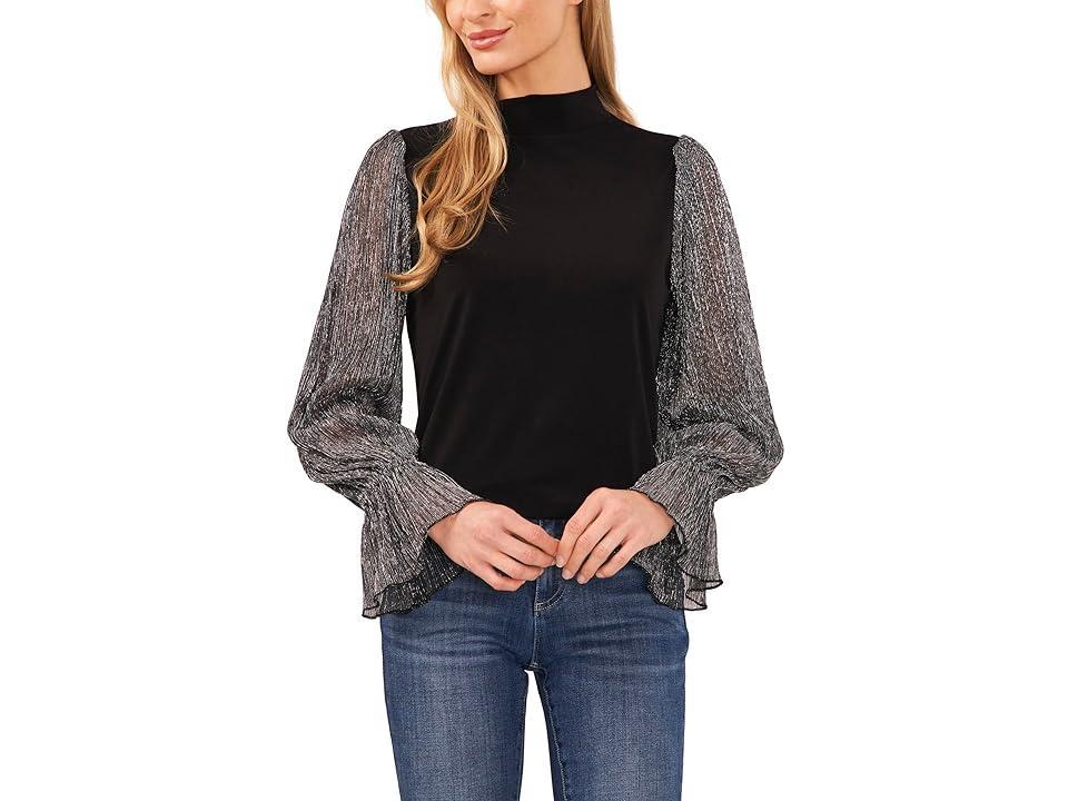 CeCe Long Sleeve Mixed Media Mock Neck Top (Rich ) Women's Clothing Product Image