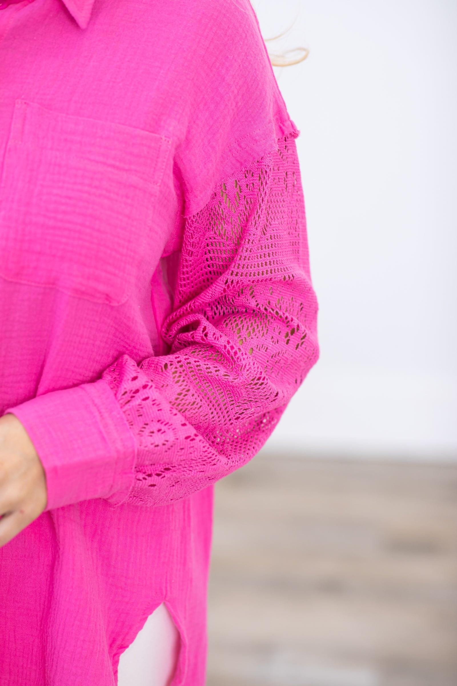 Hot Pink Eyelet Sleeve Button Up Top Product Image