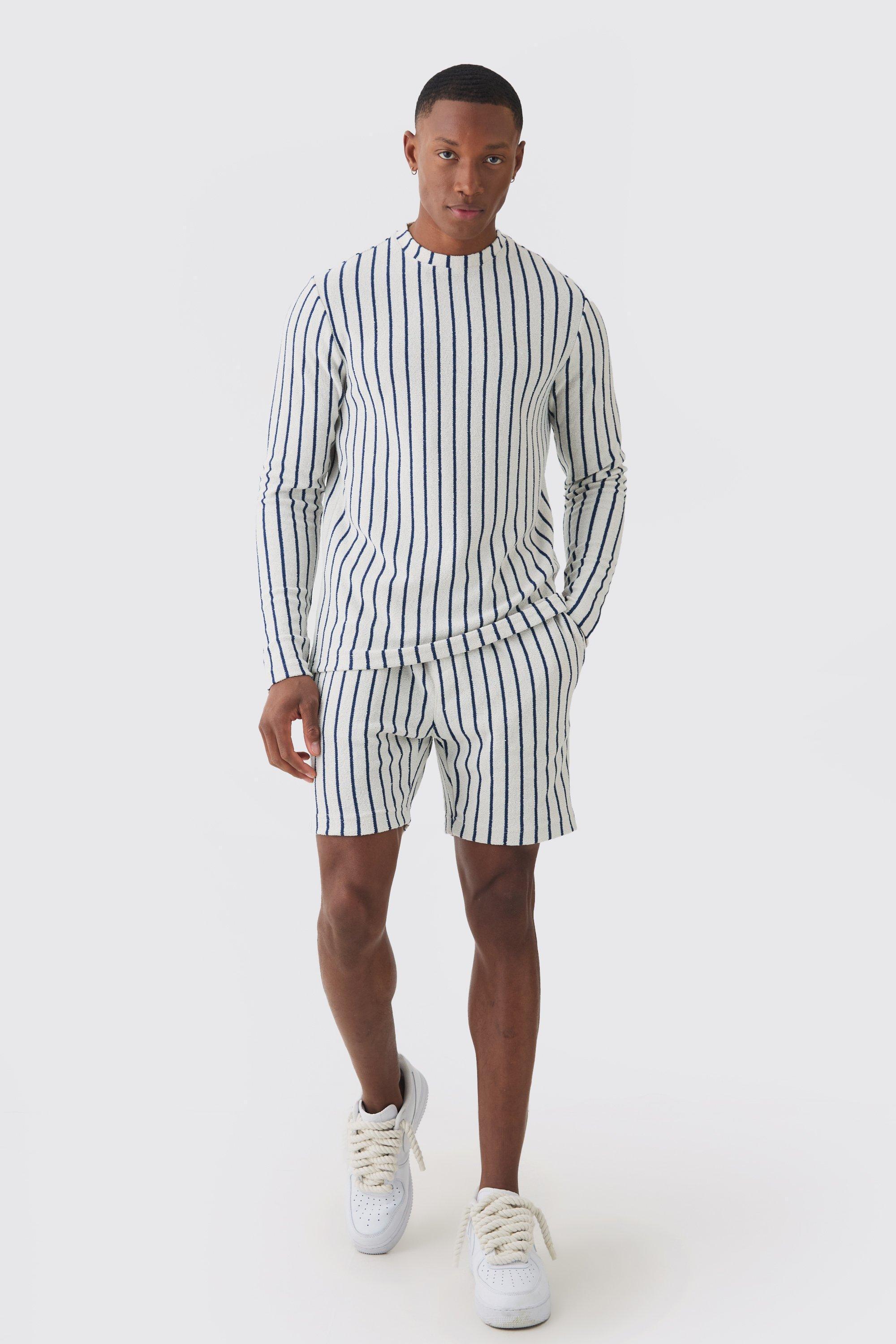 Striped Open Stitch Resort Shirt & Short Set | boohooMAN USA Product Image