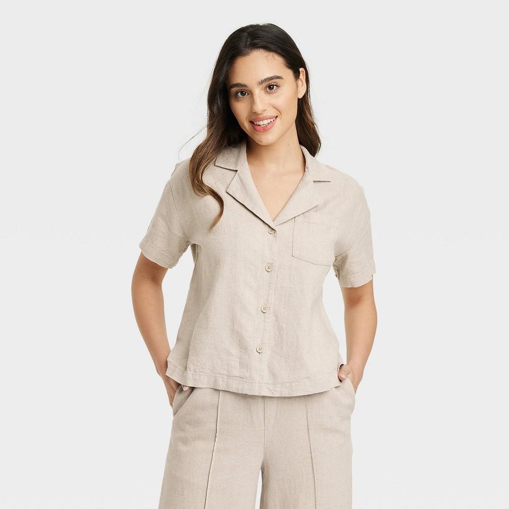 Womens Linen Short Sleeve Button-Down Camp Shirt - A New Day Tan Product Image