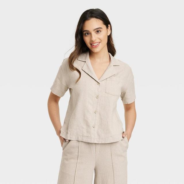 Womens Short Sleeve Button-Down Camp Shirt - A New Day Tan XS Product Image